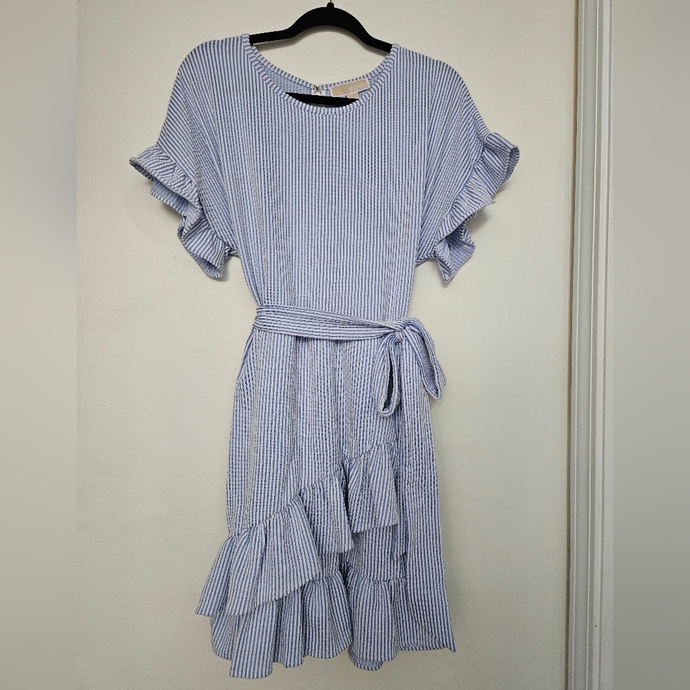 Michael Kors Blue and White Striped Ruffle Dress Seersucker Style